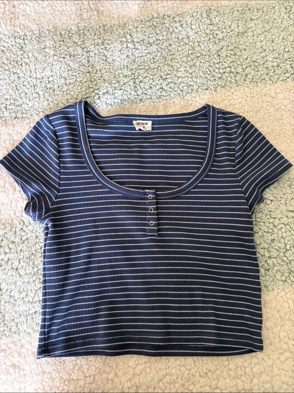Cotton On Navy and Light Blue Striped Crop Henley